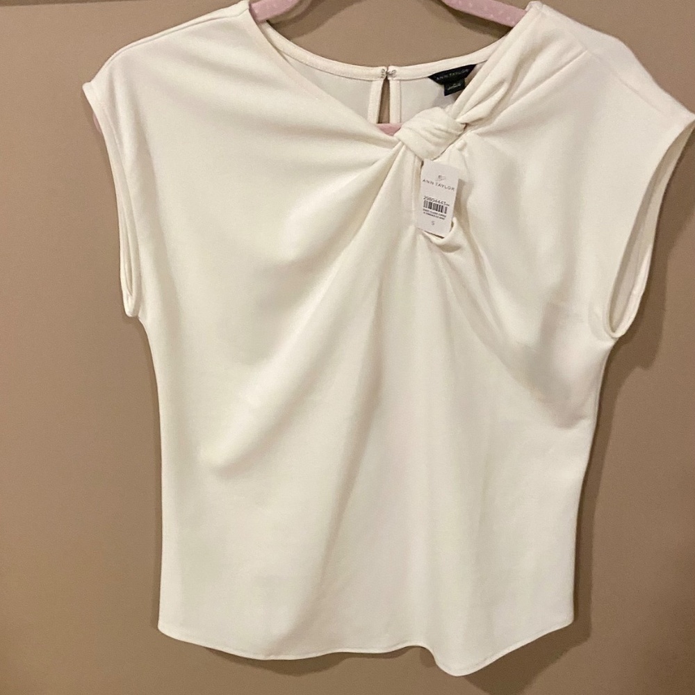 Ann Taylor Cream Twist-Neck Cap-Sleeve Blouse